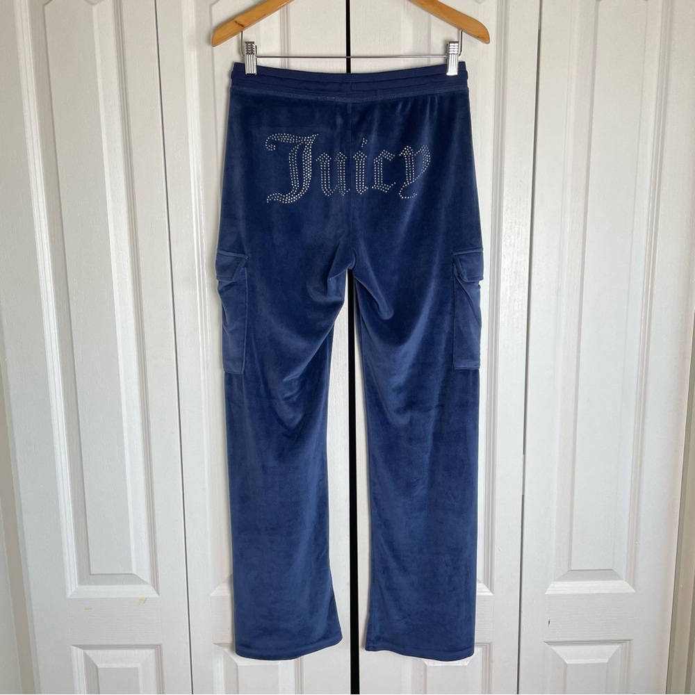 y2k 2000s Juicy Couture Cargo Utilty Velour Track Pants Women’s S Blue Big Bling - Picture 8 of 16